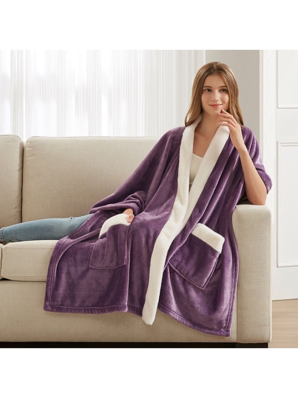 PURPLE !! Women's Purple Fleece Wrap Coat Deep Pockets Fall Winter NEW WITH TAGS - Picture 4 of 8